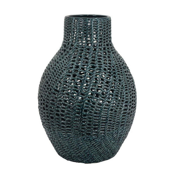 Fila Decorative Vase, 20 Inch Braided Cut Out Ceramic Body, Teal Green -BM331388