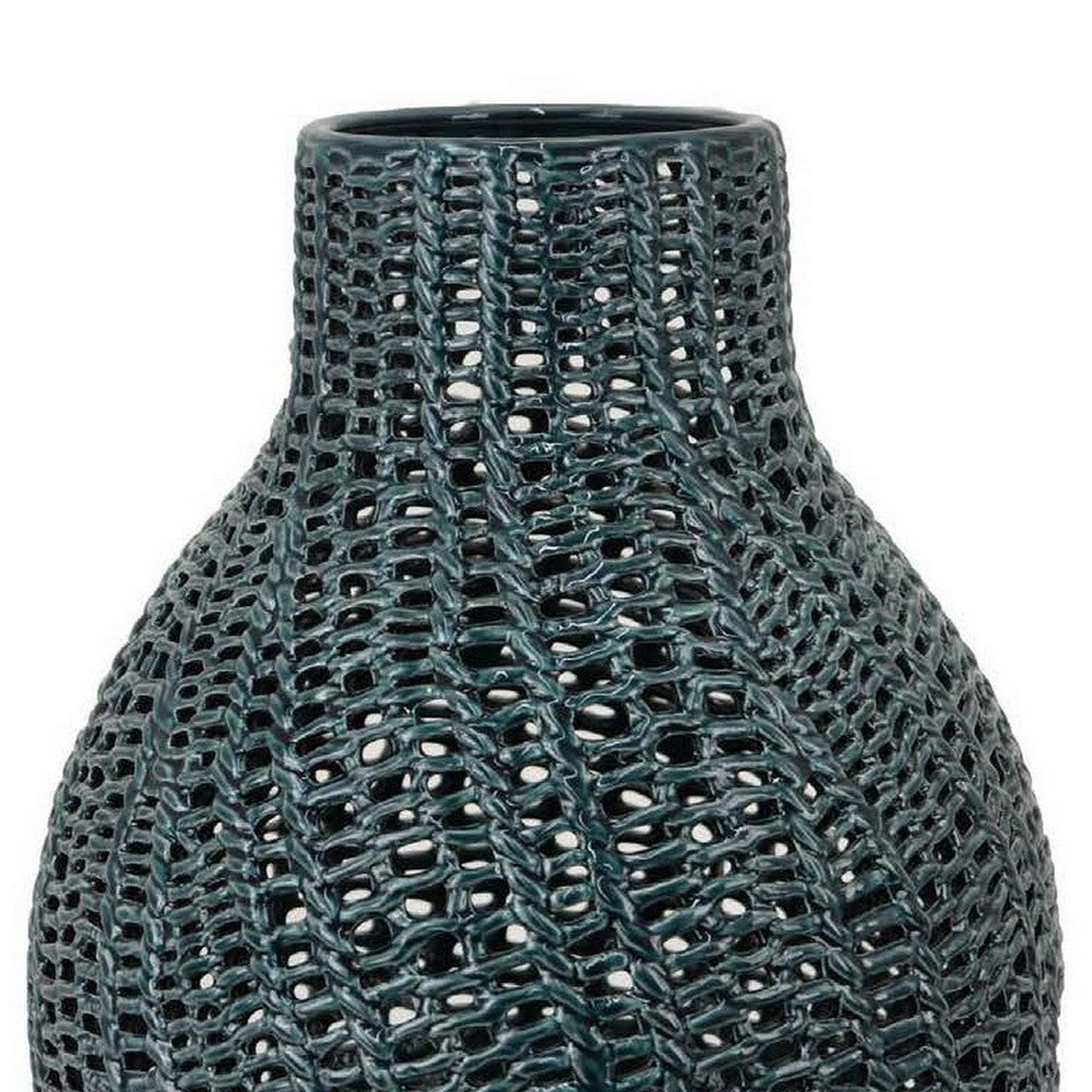 Fila Decorative Vase, 20 Inch Braided Cut Out Ceramic Body, Teal Green -BM331388