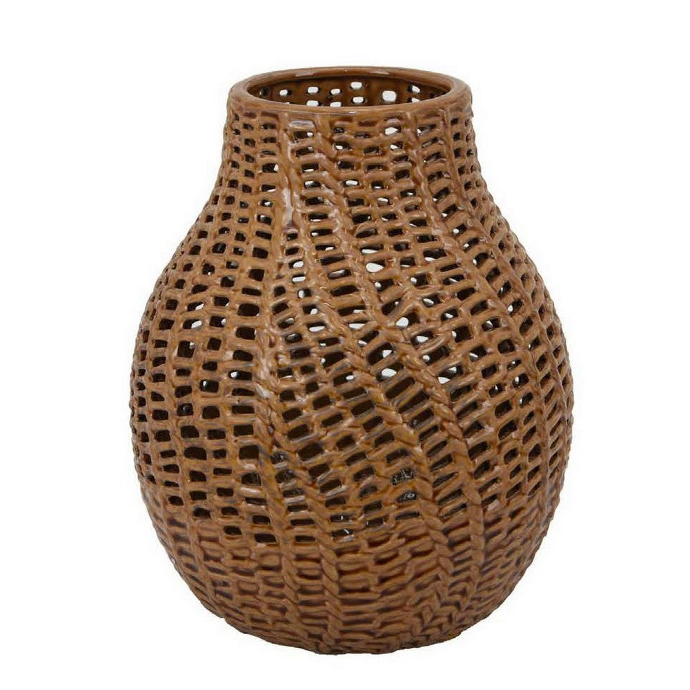 Fila Decorative Vase, 11 Inch Braided Perforated Ceramic Body, Brown -BM331389