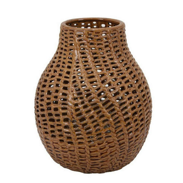 Fila Decorative Vase, 11 Inch Braided Perforated Ceramic Body, Brown -BM331389