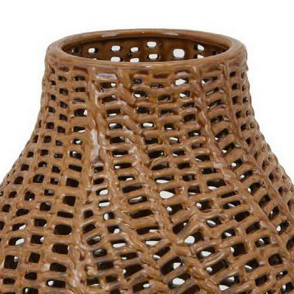 Fila Decorative Vase, 11 Inch Braided Perforated Ceramic Body, Brown -BM331389