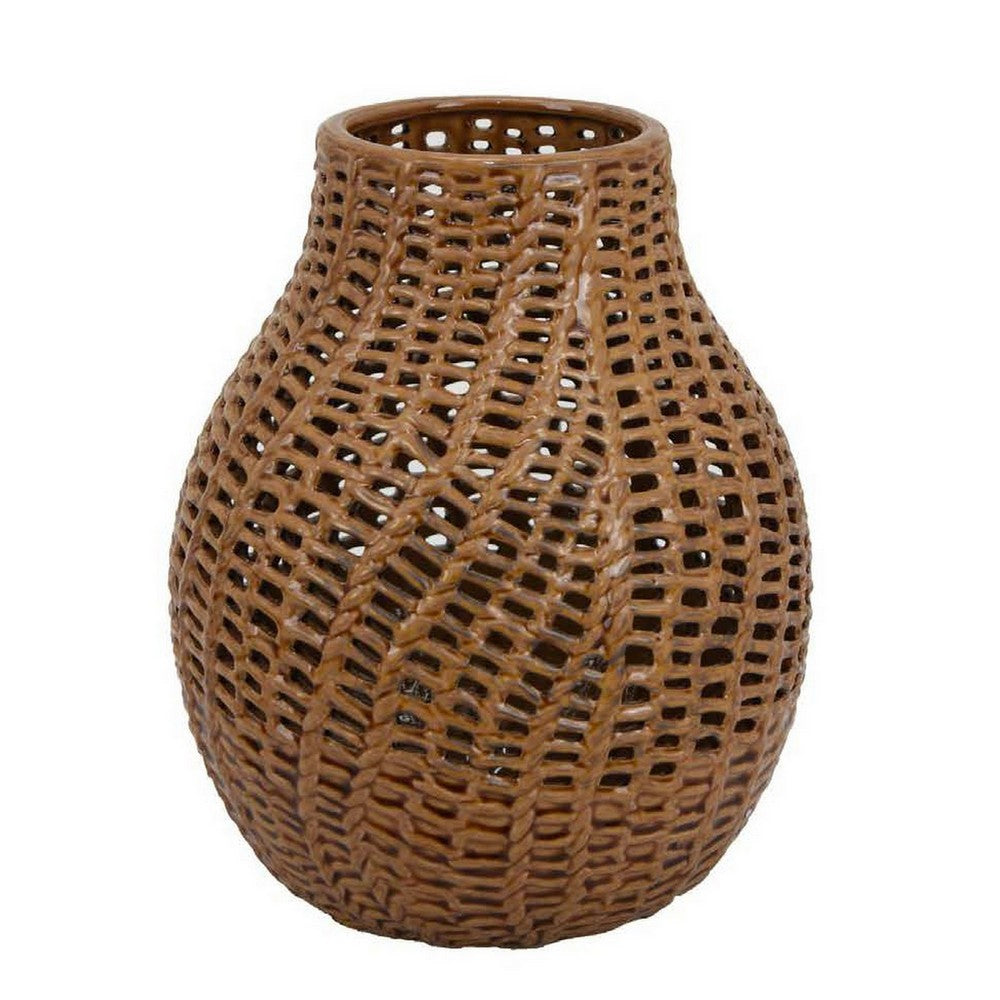 Fila Decorative Vase, 11 Inch Braided Perforated Ceramic Body, Brown -BM331389