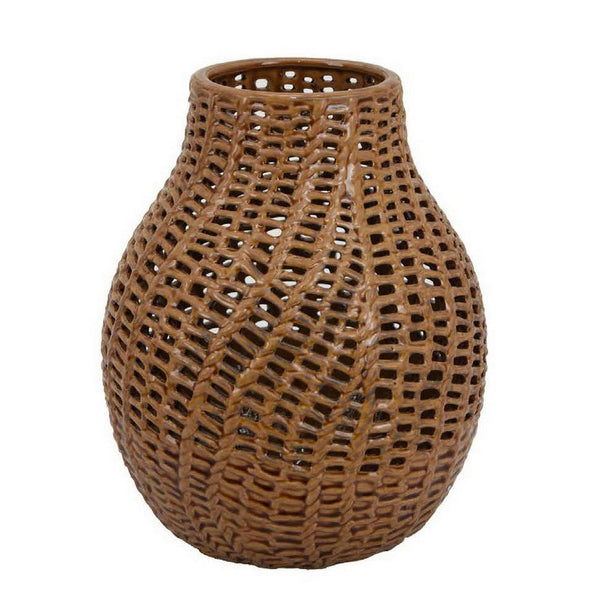 Fila Decorative Vase, 11 Inch Braided Perforated Ceramic Body, Brown -BM331389