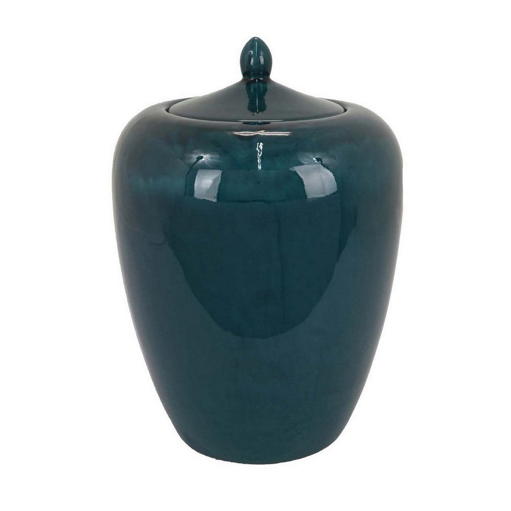 Decorative Jar, 19 Inch Teal Green Ceramic Body, Lid with Storage -BM331392