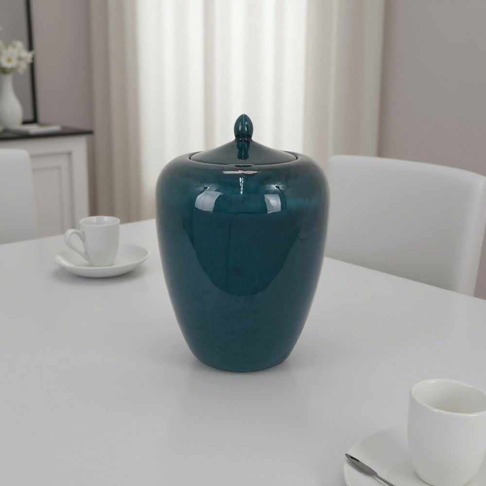 Decorative Jar, 19 Inch Teal Green Ceramic Body, Lid with Storage -BM331392