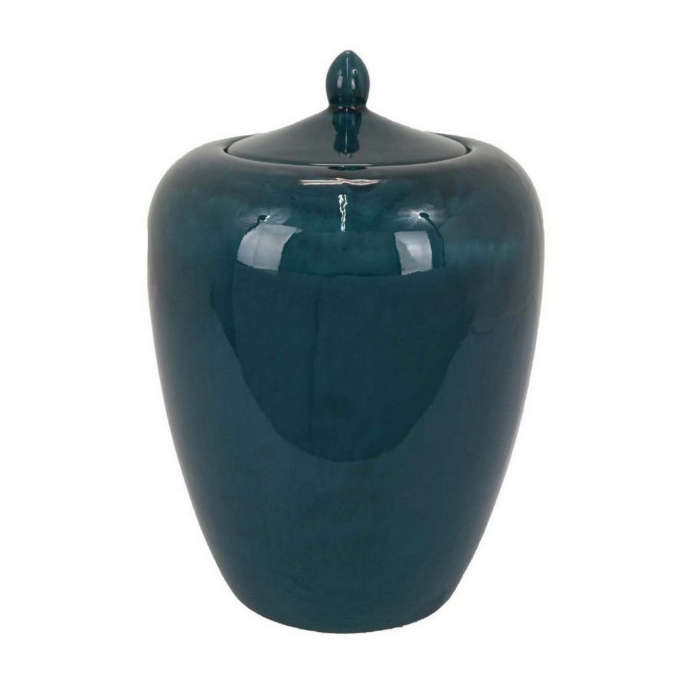 Decorative Jar, 19 Inch Teal Green Ceramic Body, Lid with Storage -BM331392