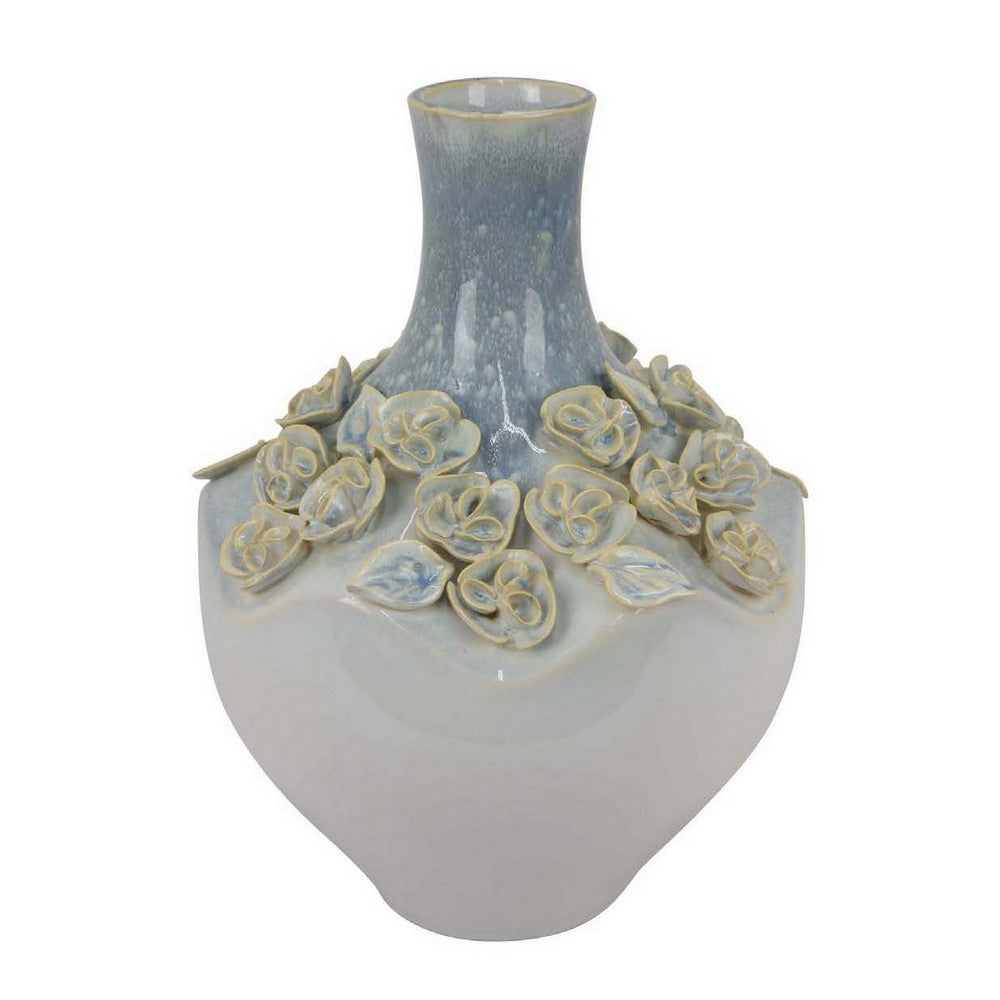 Rox Decorative Vase, Floral Applique Design, 13 inch White Ceramic -BM331393