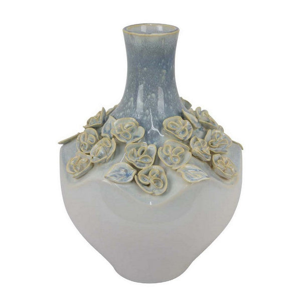 Rox Decorative Vase, Floral Applique Design, 13 inch White Ceramic -BM331393