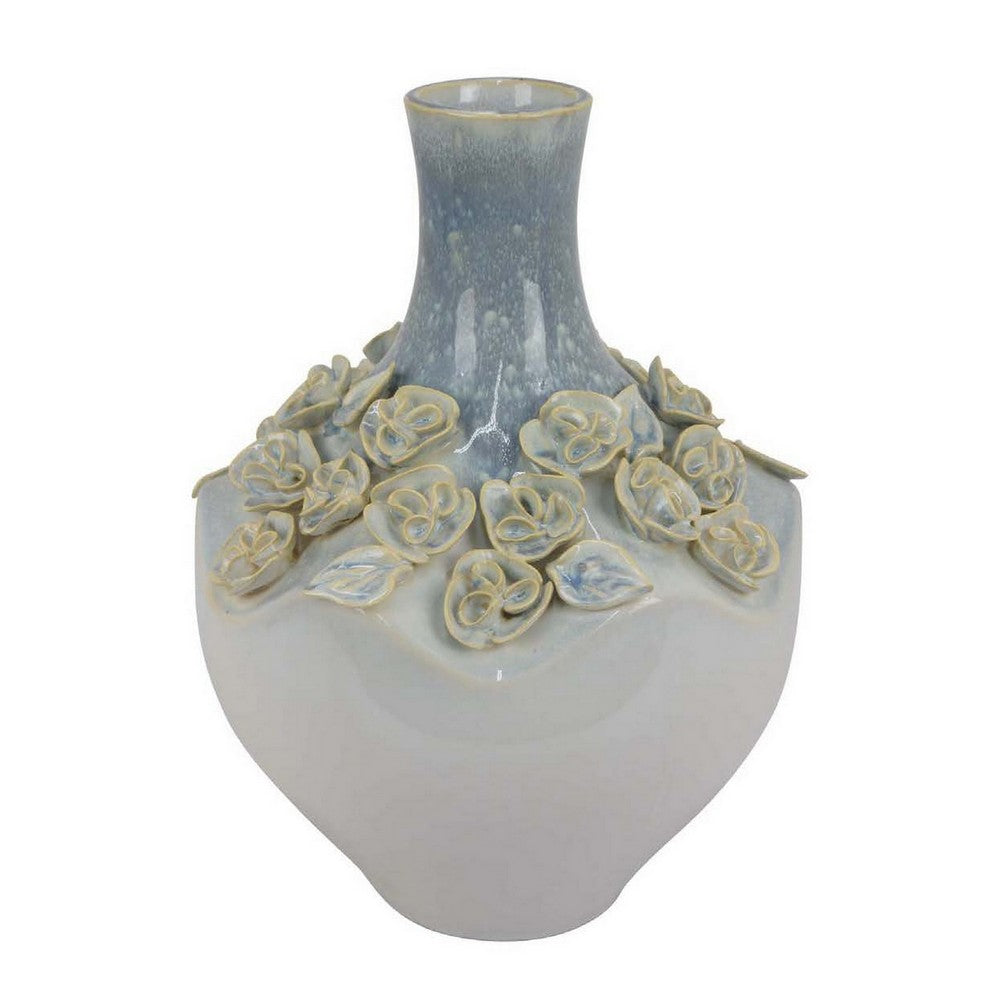 Rox Decorative Vase, Floral Applique Design, 13 inch White Ceramic -BM331393