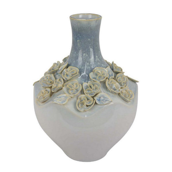 Rox Decorative Vase, Floral Applique Design, 13 inch White Ceramic -BM331393