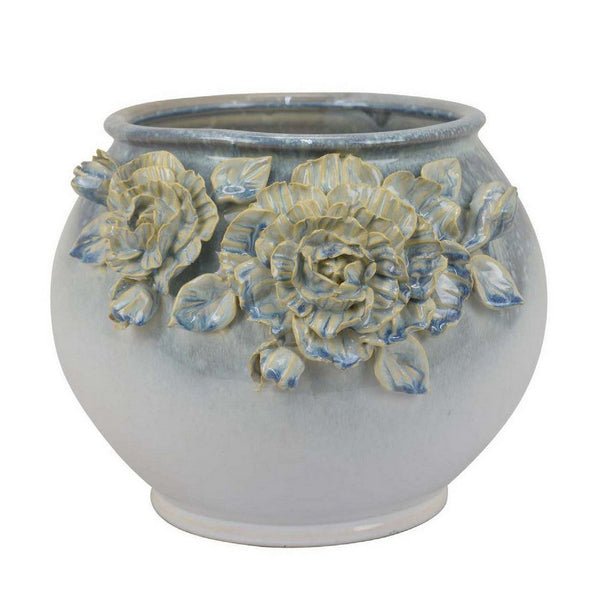 Rox Accent Planter, Floral Applique Design, 12 Inch White Ceramic -BM331394