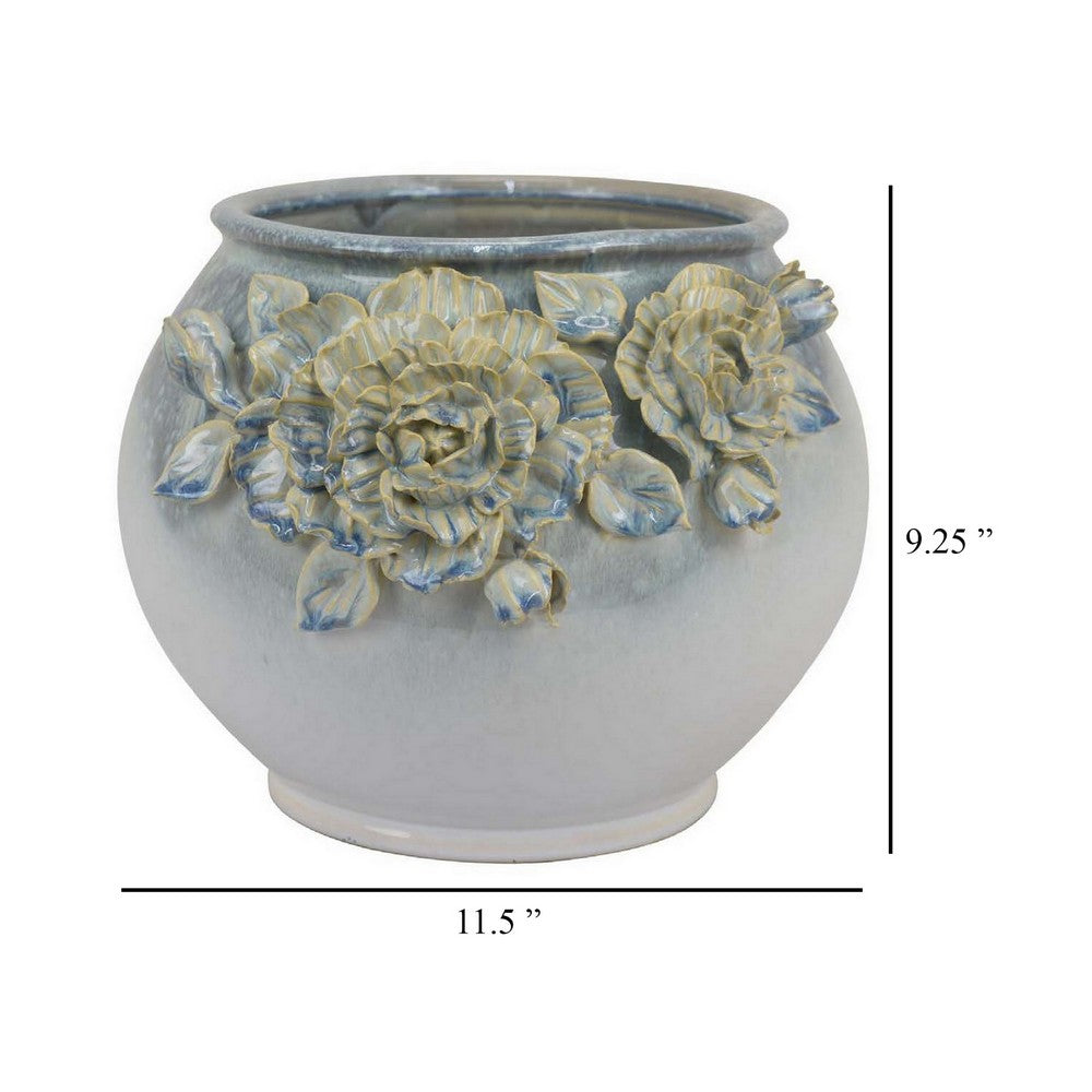 Rox Accent Planter, Floral Applique Design, 12 Inch White Ceramic -BM331394