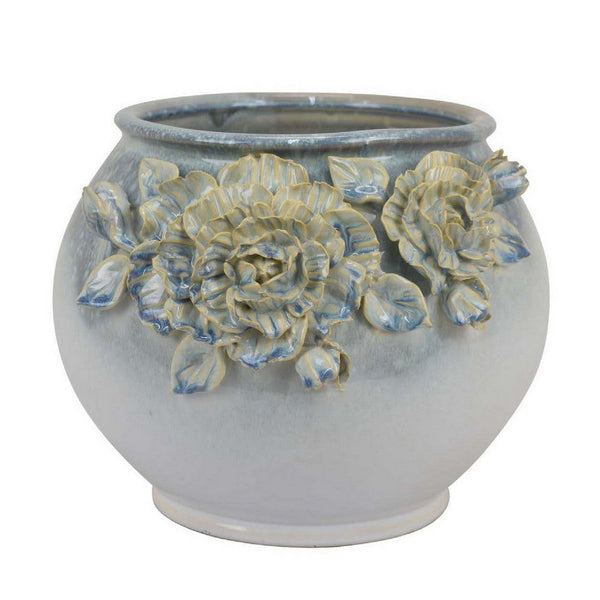 Rox Accent Planter, Floral Applique Design, 12 Inch White Ceramic -BM331394