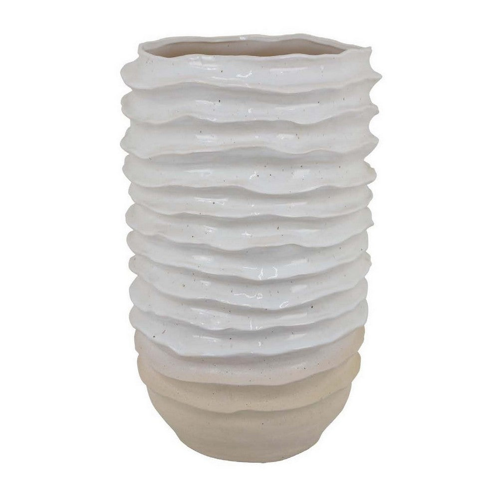 Accent Planter, Abstract Wave Coastal  Design, 22 Inch White Ceramic -BM331395