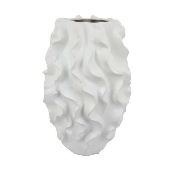 Decorative Vase, White Ceramic, Textured 19 Inch Curved Wave Design -BM331396