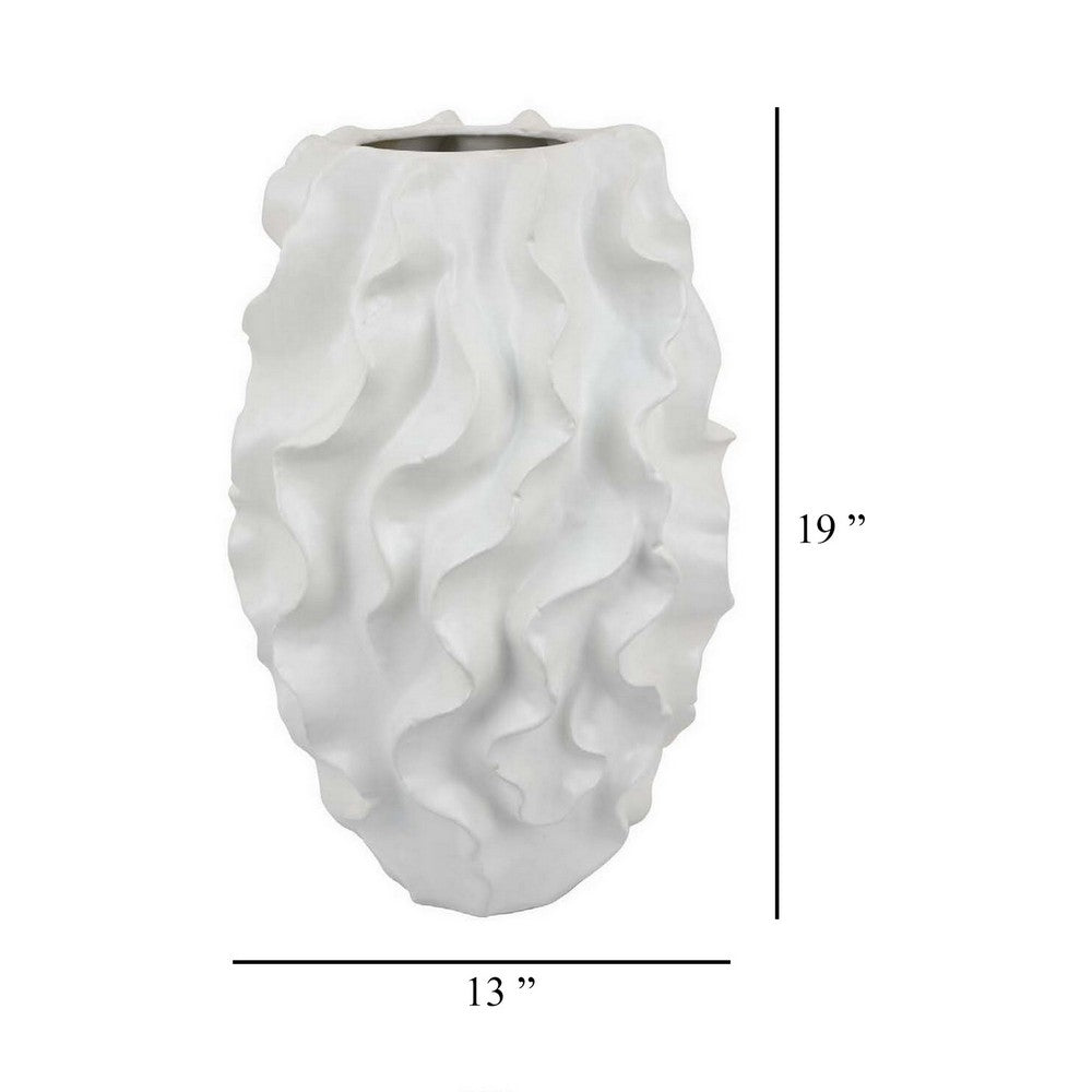 Decorative Vase, White Ceramic, Textured 19 Inch Curved Wave Design -BM331396