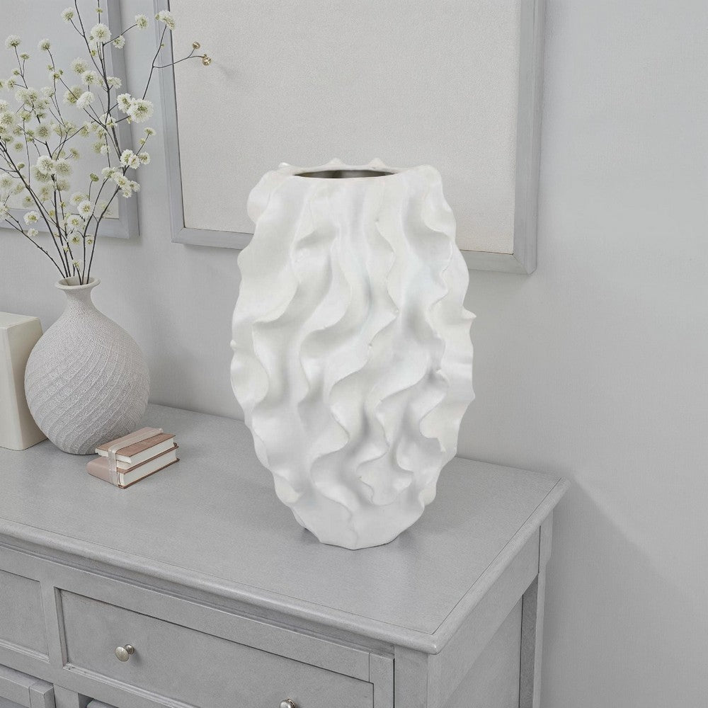 Decorative Vase, White Ceramic, Textured 19 Inch Curved Wave Design -BM331396