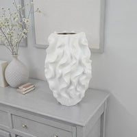 Decorative Vase, White Ceramic, Textured 19 Inch Curved Wave Design -BM331396