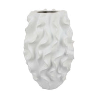 Decorative Vase, White Ceramic, Textured 19 Inch Curved Wave Design -BM331396