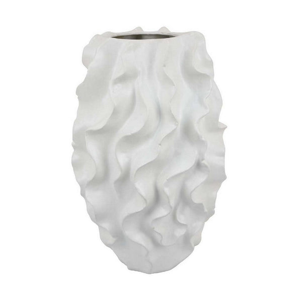 Decorative Vase, White Ceramic, Textured 19 Inch Curved Wave Design -BM331396