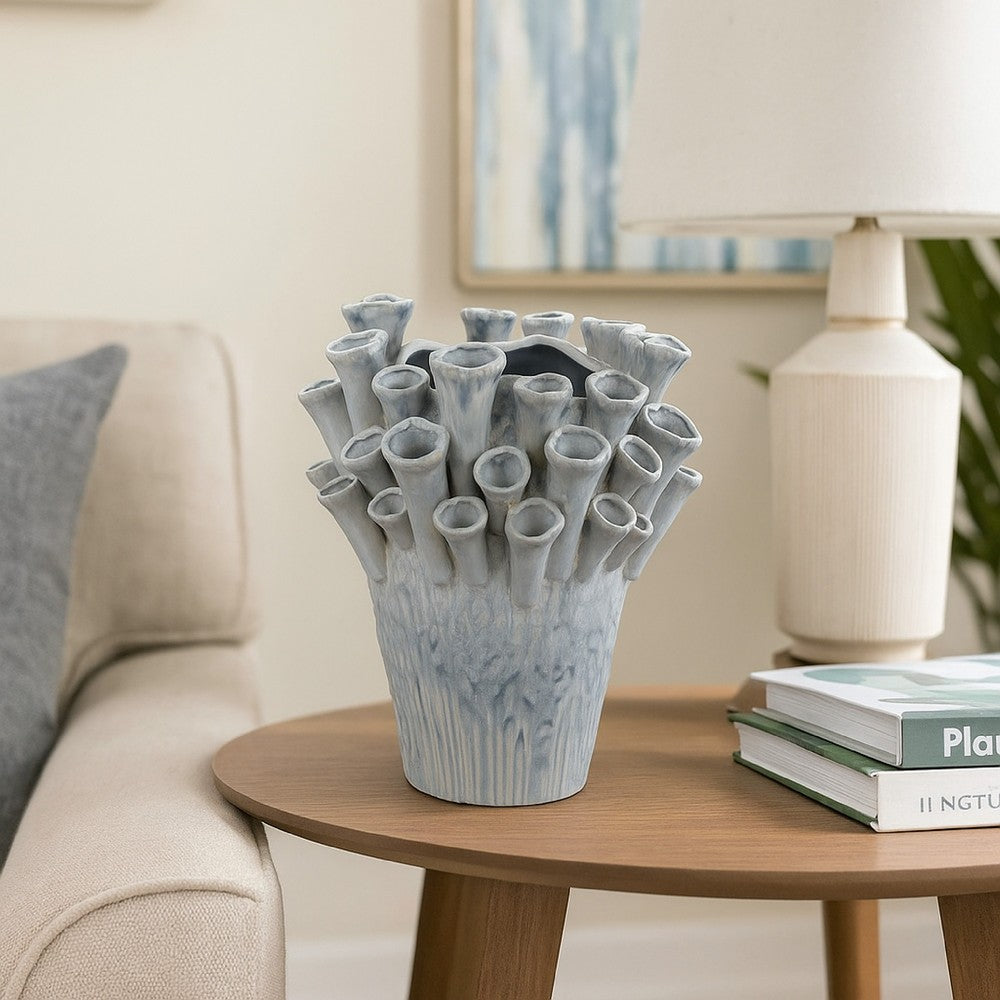 Decorative Vase, Coral Inspired Coastal Design, 13 Inch Blue Ceramic -BM331397