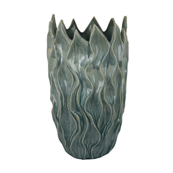 Esen Decorative Vase, Abstract Wave Design, 22 Inch Green Ceramic -BM331398