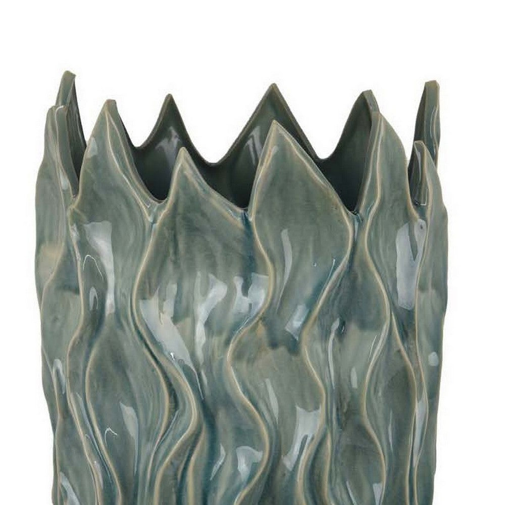 Esen Decorative Vase, Abstract Wave Design, 22 Inch Green Ceramic -BM331398