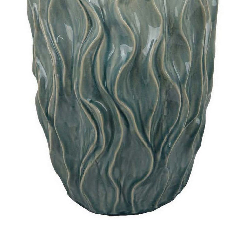 Esen Decorative Vase, Abstract Wave Design, 22 Inch Green Ceramic -BM331398