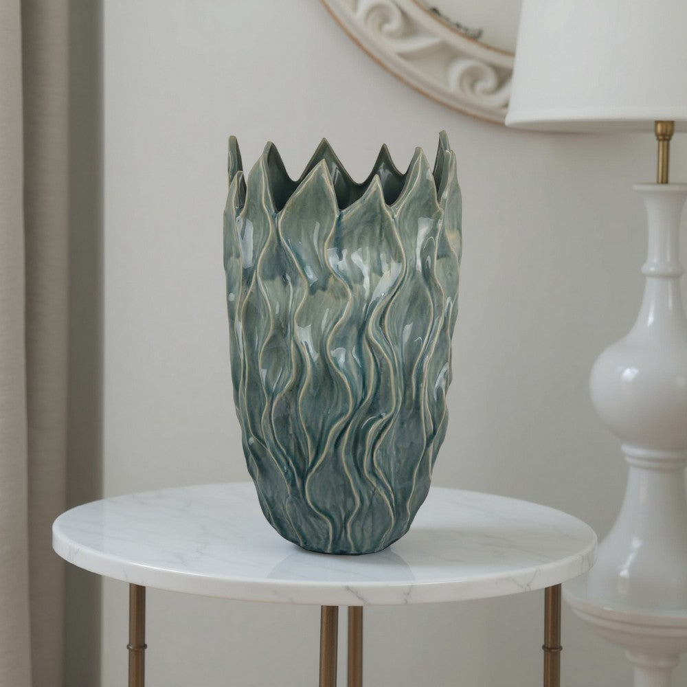 Esen Decorative Vase, Abstract Wave Design, 22 Inch Green Ceramic -BM331398
