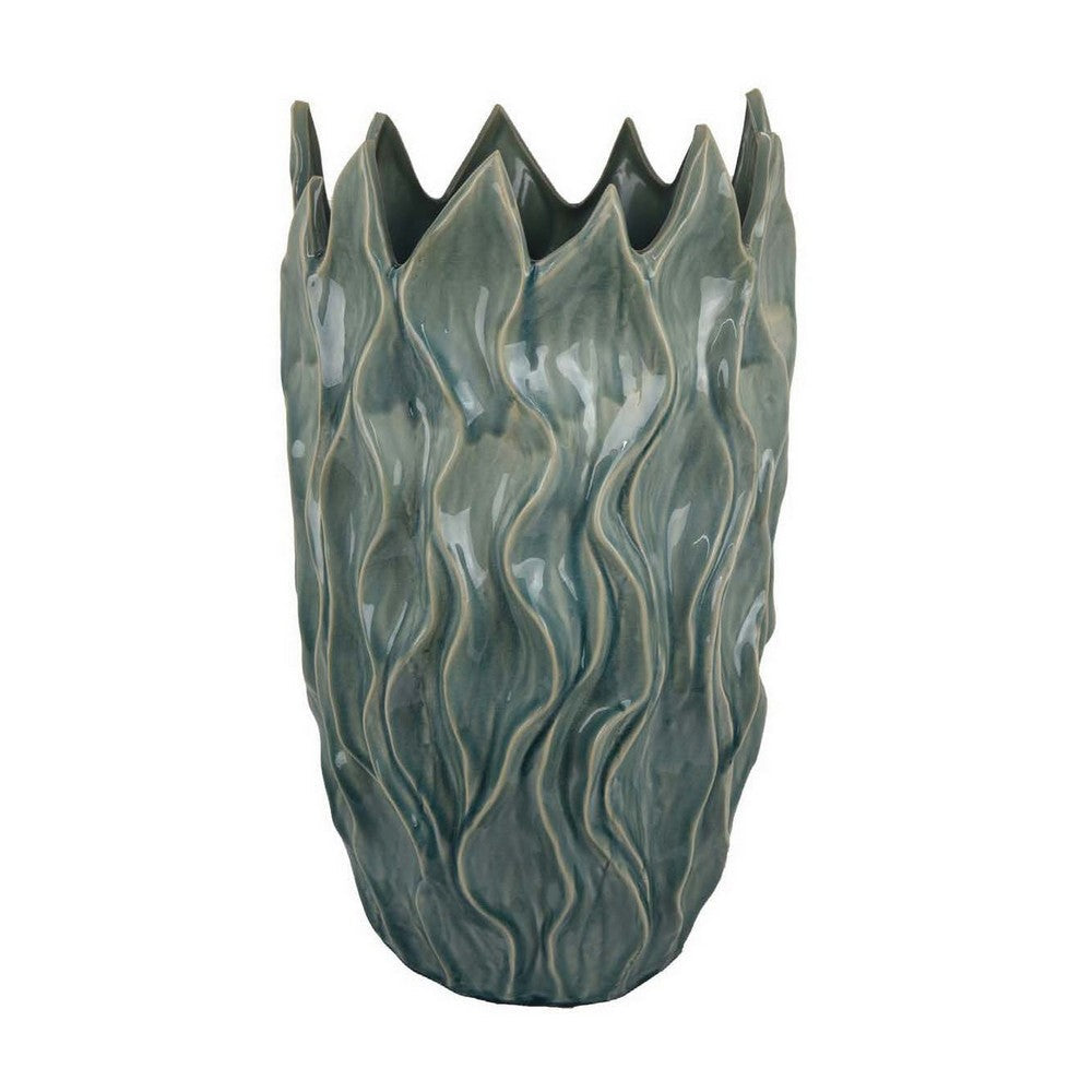 Esen Decorative Vase, Abstract Wave Design, 22 Inch Green Ceramic -BM331398