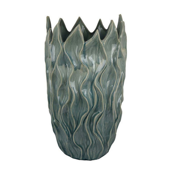 Esen Decorative Vase, Abstract Wave Design, 22 Inch Green Ceramic -BM331398