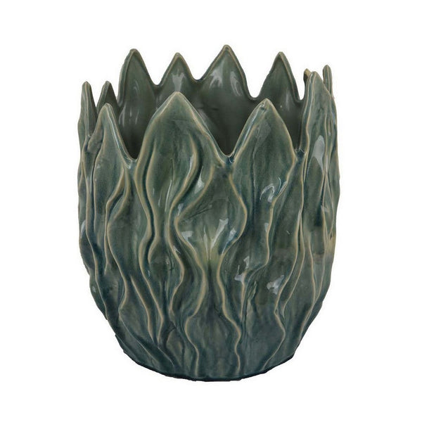 Esen Decorative Vase, Abstract Wave Design, 14 Inch Green Ceramic -BM331399