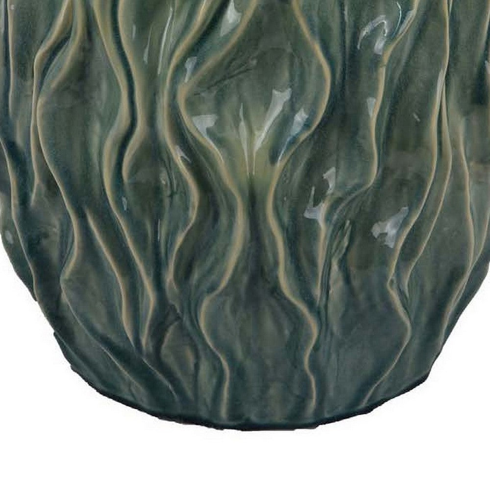 Esen Decorative Vase, Abstract Wave Design, 14 Inch Green Ceramic -BM331399