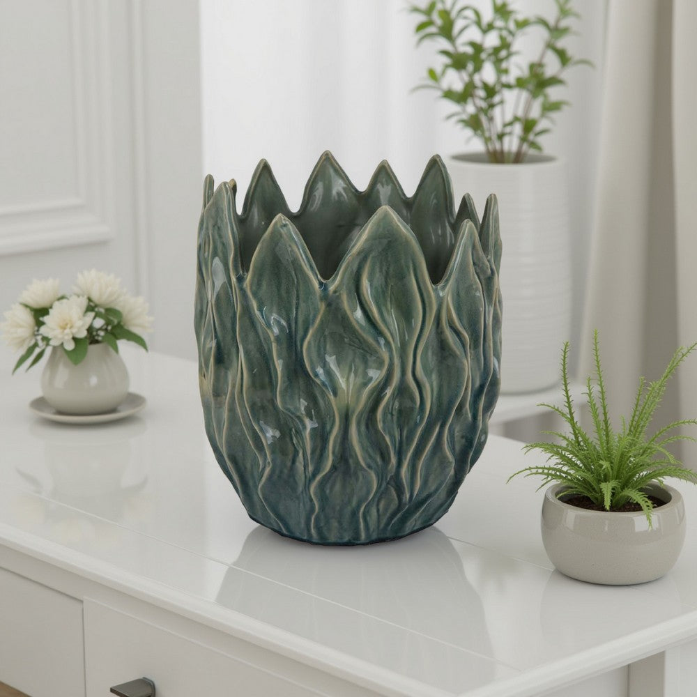 Esen Decorative Vase, Abstract Wave Design, 14 Inch Green Ceramic -BM331399