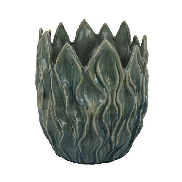 Esen Decorative Vase, Abstract Wave Design, 14 Inch Green Ceramic -BM331399