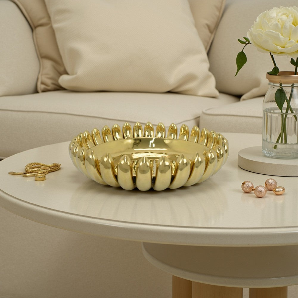 Zoma Accent Bowl, 16 Inch Raised Rounded Edges, Gold Ceramic Body -BM331403