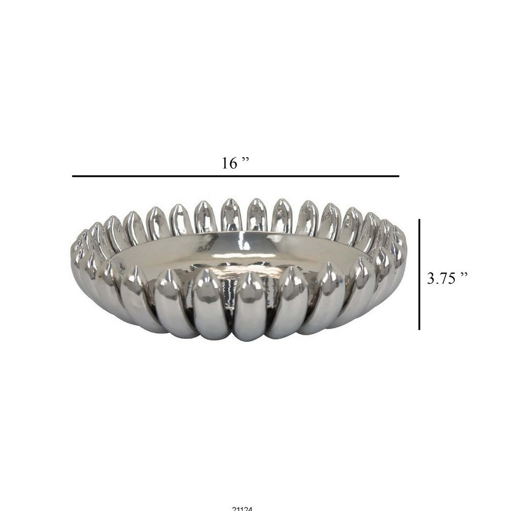 Zoma Accent Bowl, 16 Inch Raised Rounded Edges, Silver Ceramic Body -BM331404