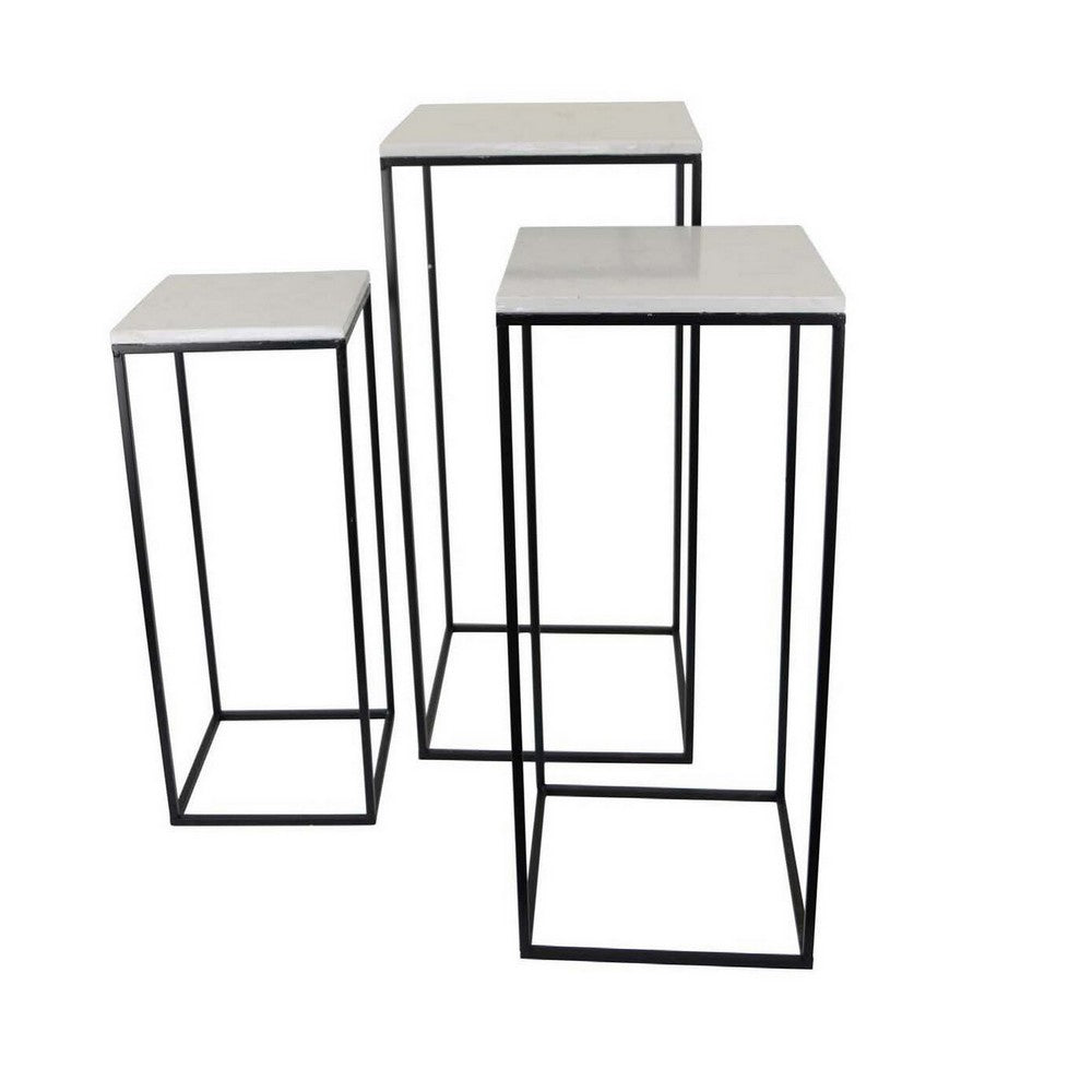 Plant Stand Table Set of 3, Black Metal, Square White Marble Top -BM331411
