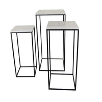 Plant Stand Table Set of 3, Black Metal, Square White Marble Top -BM331411
