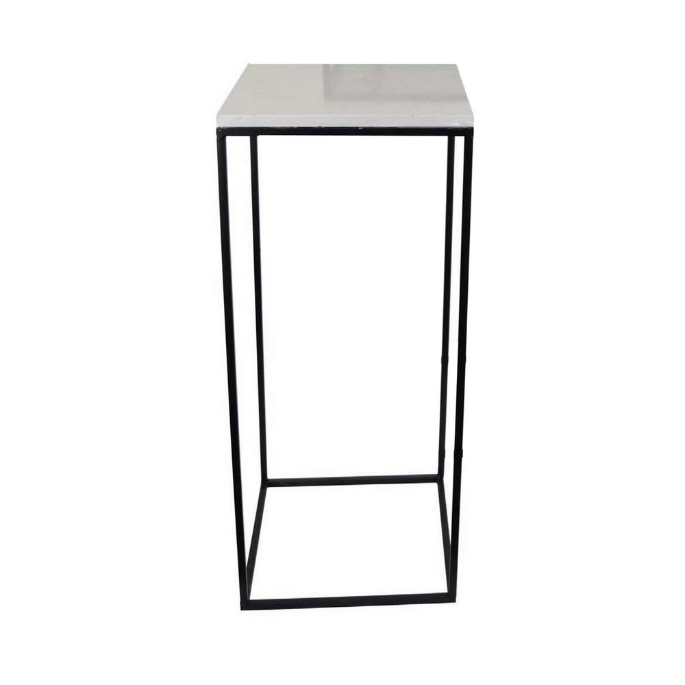 Plant Stand Table Set of 3, Black Metal, Square White Marble Top -BM331411