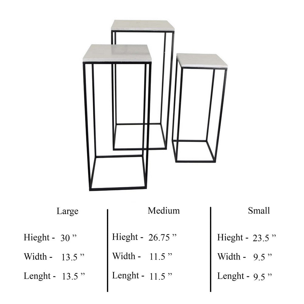 Plant Stand Table Set of 3, Black Metal, Square White Marble Top -BM331411