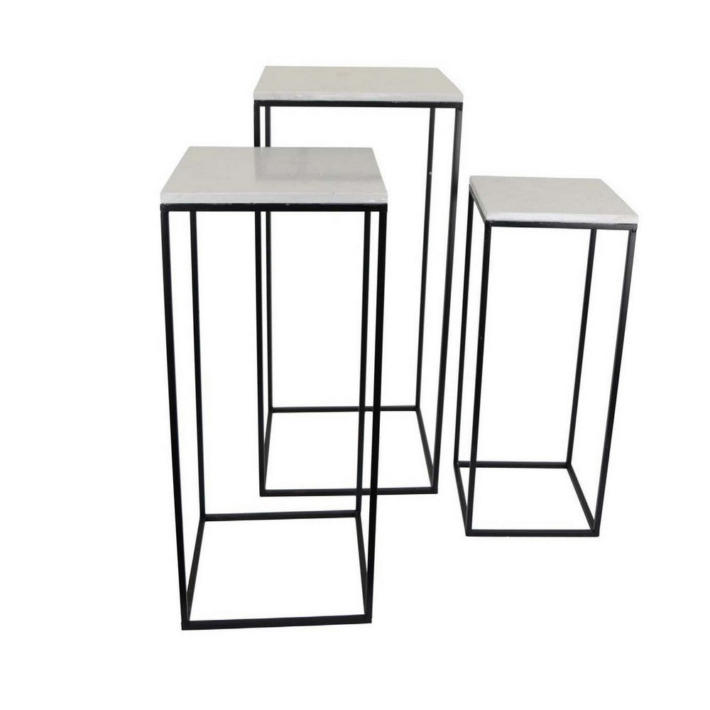 Plant Stand Table Set of 3, Black Metal, Square White Marble Top -BM331411