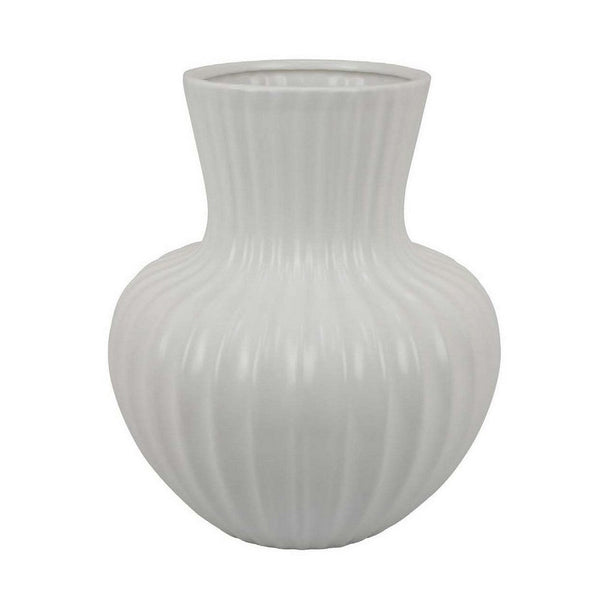 Decorative Vase, 14 Inch White Ceramic Body, Vertical Ribbed Pattern -BM331418