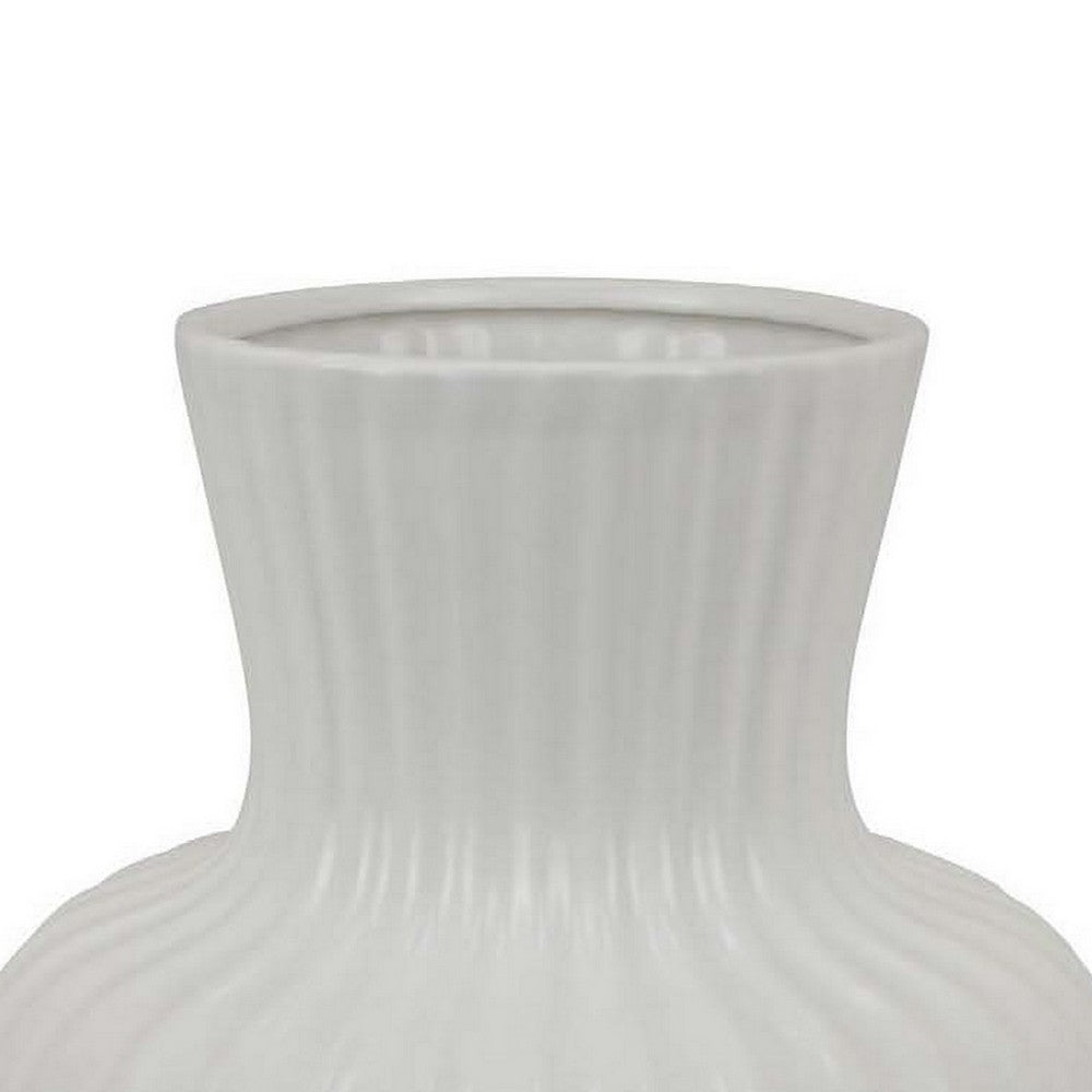 Decorative Vase, 14 Inch White Ceramic Body, Vertical Ribbed Pattern -BM331418