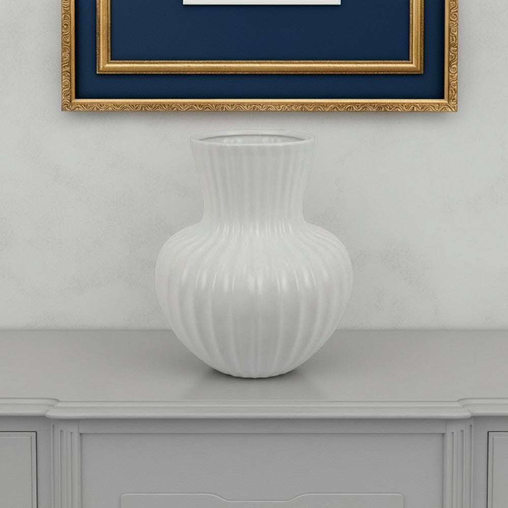 Decorative Vase, 14 Inch White Ceramic Body, Vertical Ribbed Pattern -BM331418