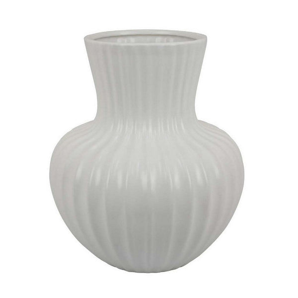 Decorative Vase, 14 Inch White Ceramic Body, Vertical Ribbed Pattern -BM331418