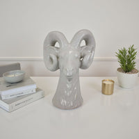 Accent Tabletop Decor, Strong Ram Head Design, White Ceramic 14 Inch -BM331431