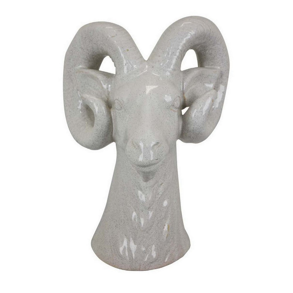 Accent Tabletop Decor, Strong Ram Head Design, White Ceramic 14 Inch -BM331431