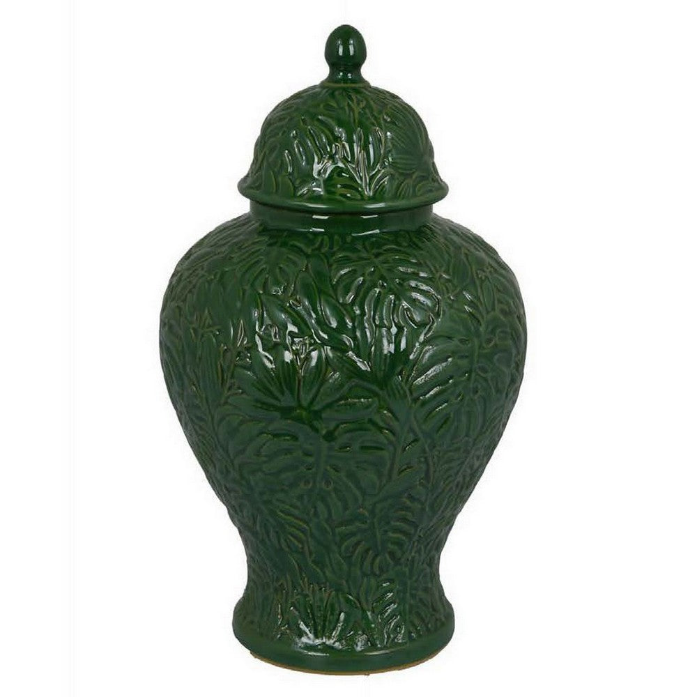 Home Accent Ginger Jar w Lid, Floral Motifs on Green Ceramic, 13 Inch -BM331432