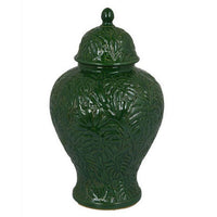 Home Accent Ginger Jar w Lid, Floral Motifs on Green Ceramic, 13 Inch -BM331432